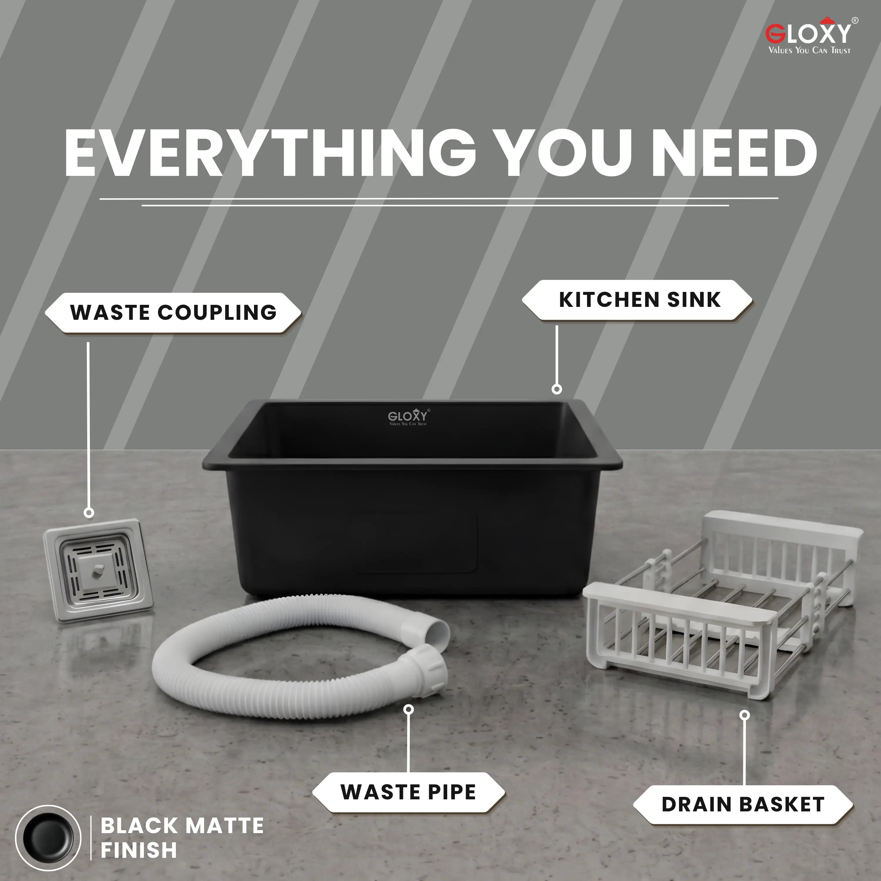 Gloxy Stainless Steel 304 Grade Single Bowl Quartz Kitchen Sink 21x18 Inch- Black