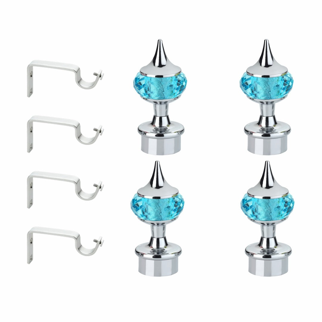 Gloxy Single Diamond Aluminium Curtain Rod Finials with Support– Silver Mix Sky Blue Pair of 2