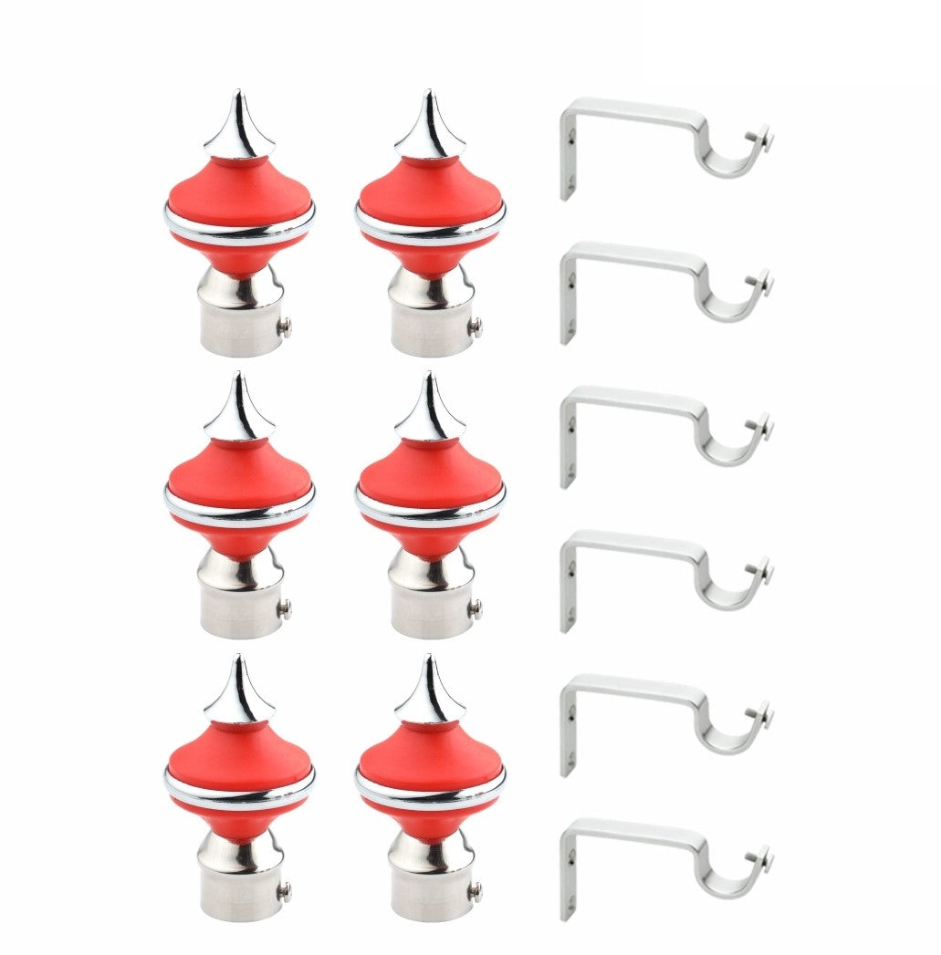 Gloxy Matka Shape Stainless Steel & ABS Curtain Rod Finials with Support– Red 3 Pair
