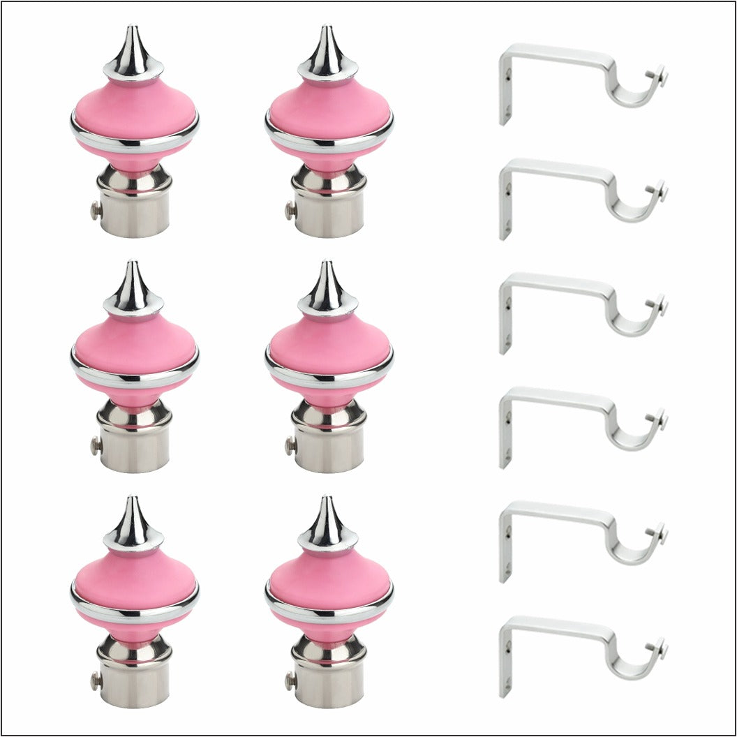 Gloxy Matka Shape Stainless Steel & ABS Curtain Rod Finials with Support– Pink 3 Pair