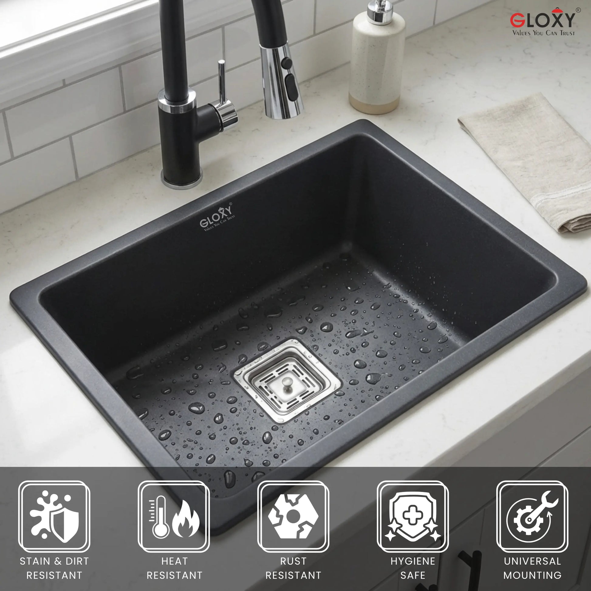 Gloxy Stainless Steel Handmade Single Bowl Quartz Sink For Kitchen 16x18 Inch-Black