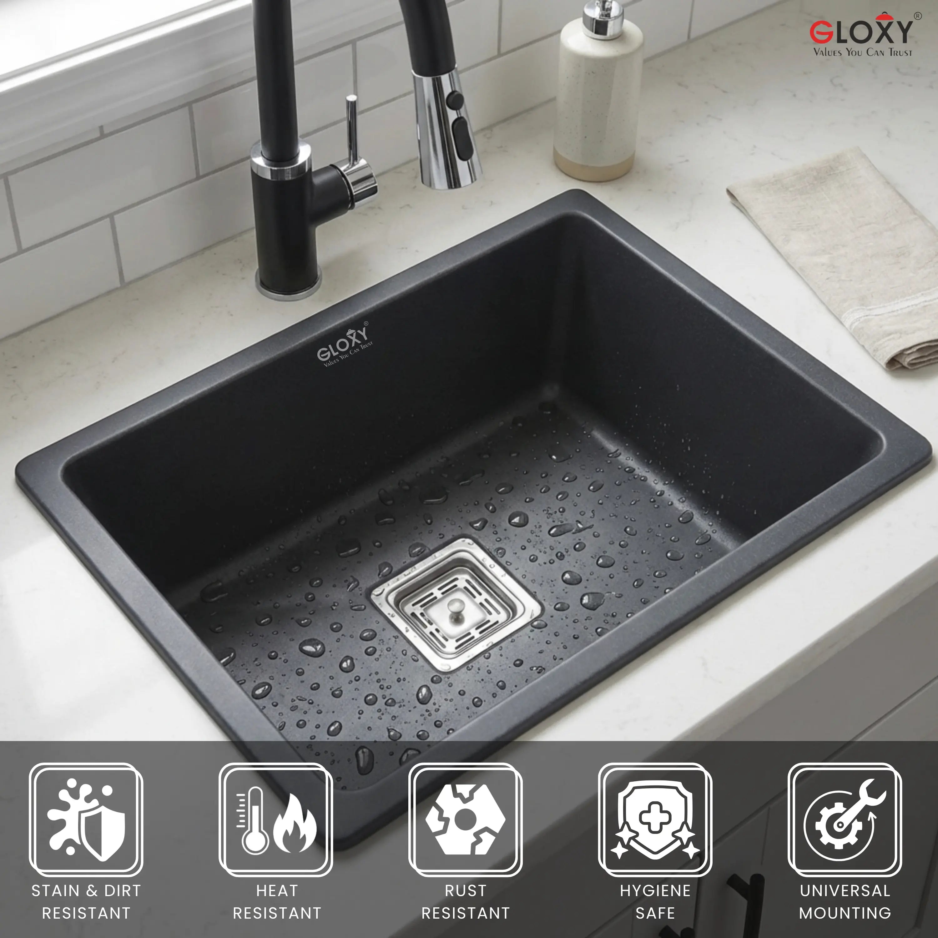 Gloxy Stainless Steel Handmade Single Bowl Quartz Sink For Kitchen 16x18 Inch-Black