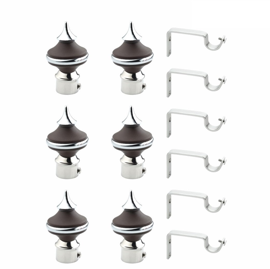 Gloxy Matka Shape Stainless Steel & ABS Curtain Rod Finials with Support– Brown 3 Pair