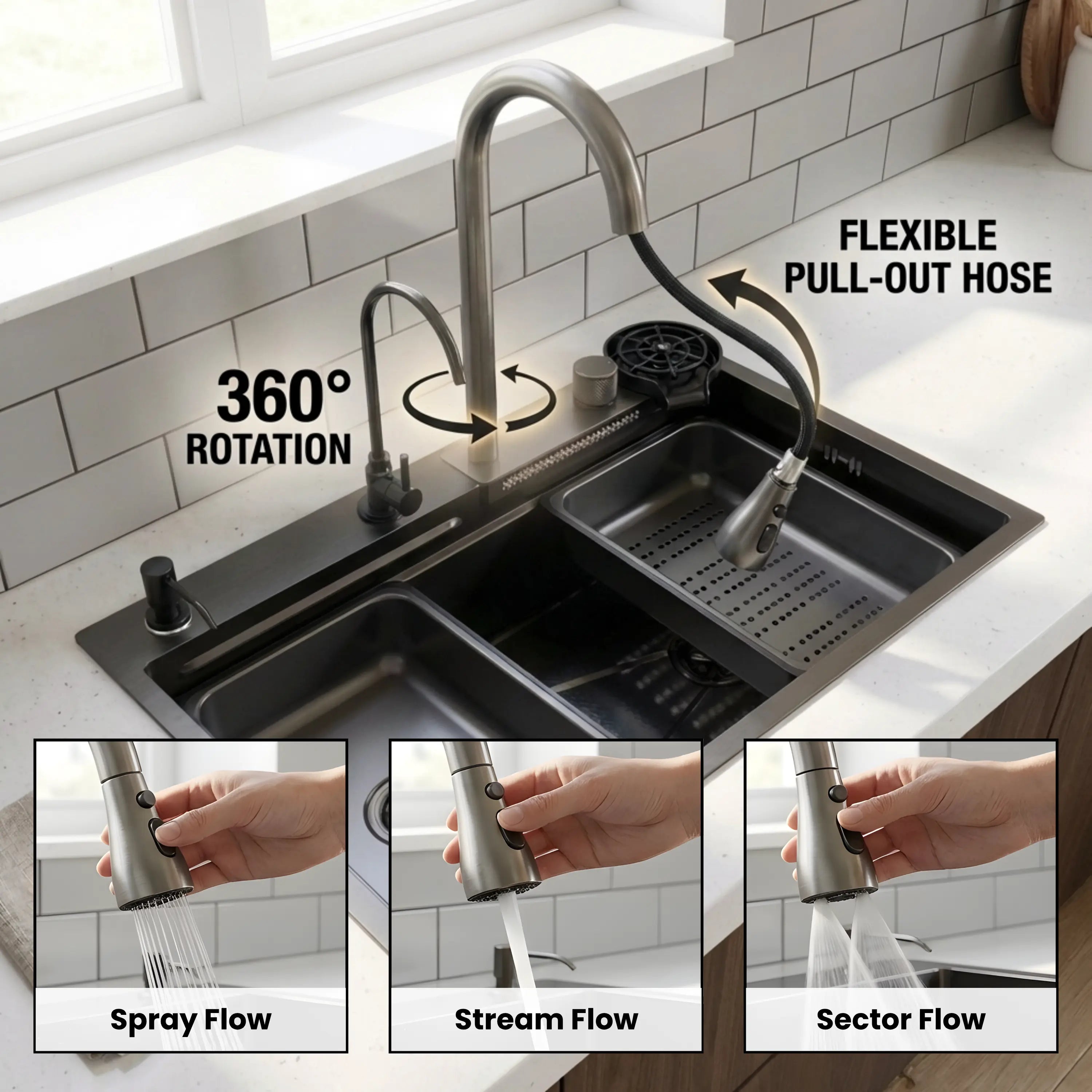 GLOXY Stainless Steel Waterfall Sink With Waterfall Faucet,RO Tap