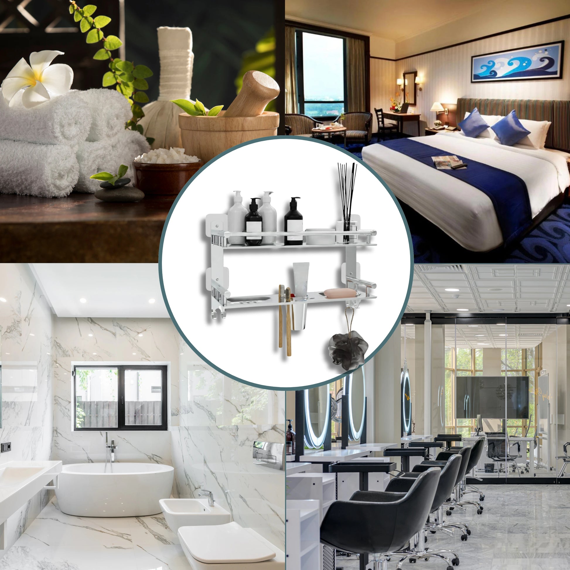 Gloxy Stainless Steel 2-Layer Chrome Finish Bathroom Shelf with Soap Dish, Tumbler Holder, Hooks-Adhesive Sticker Installation