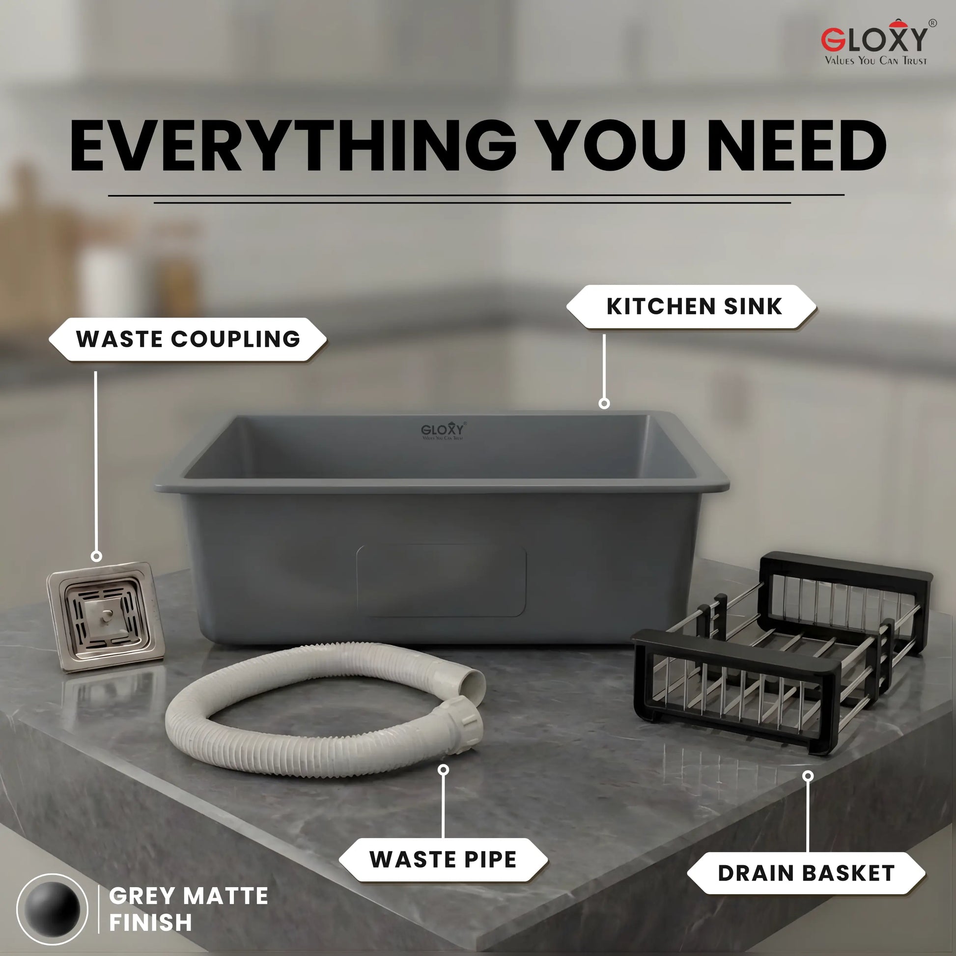 GLOXY Handmade Stainless Steel Single Bowl Kitchen Sink 18 x 24 Inch– Grey