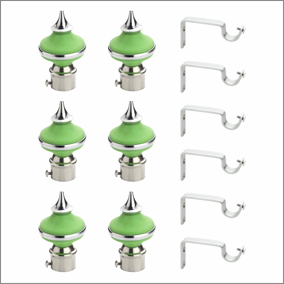 Gloxy Matka Shape Stainless Steel & ABS Curtain Rod Finials with Support– Green 3 Pair