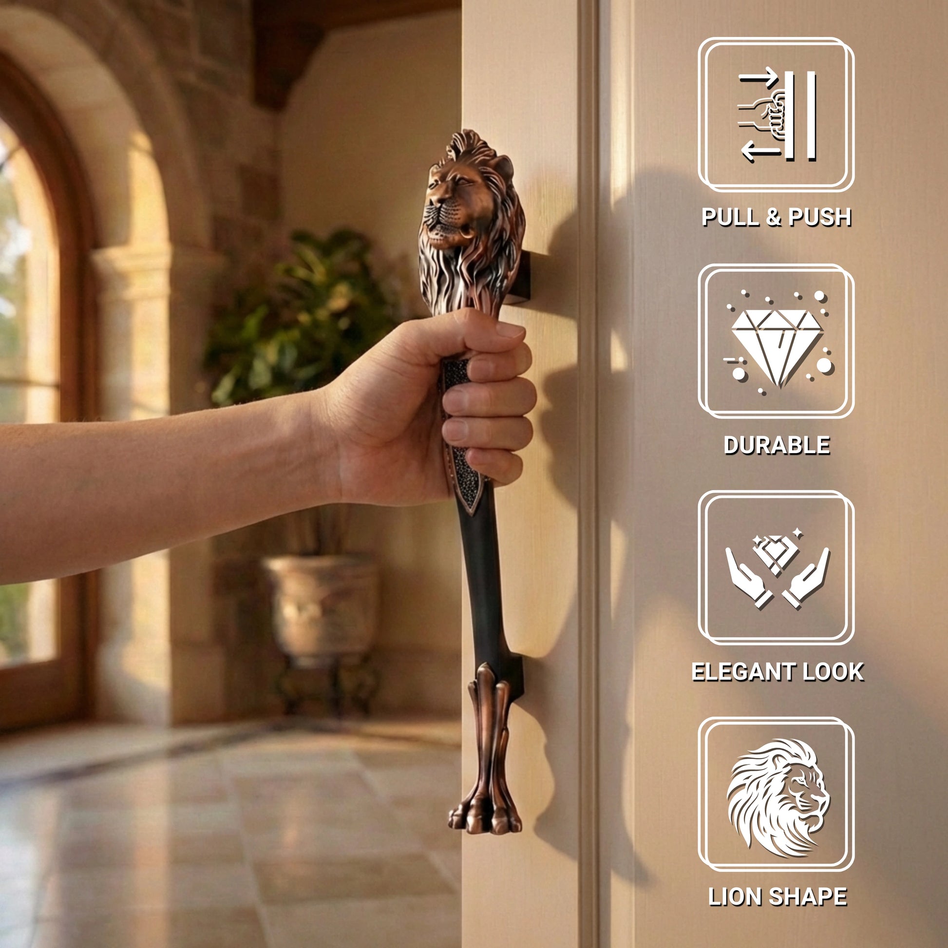 Gloxy Lion Shape Aluminium Antique Main Door Handle 15 Inch -Copper Black