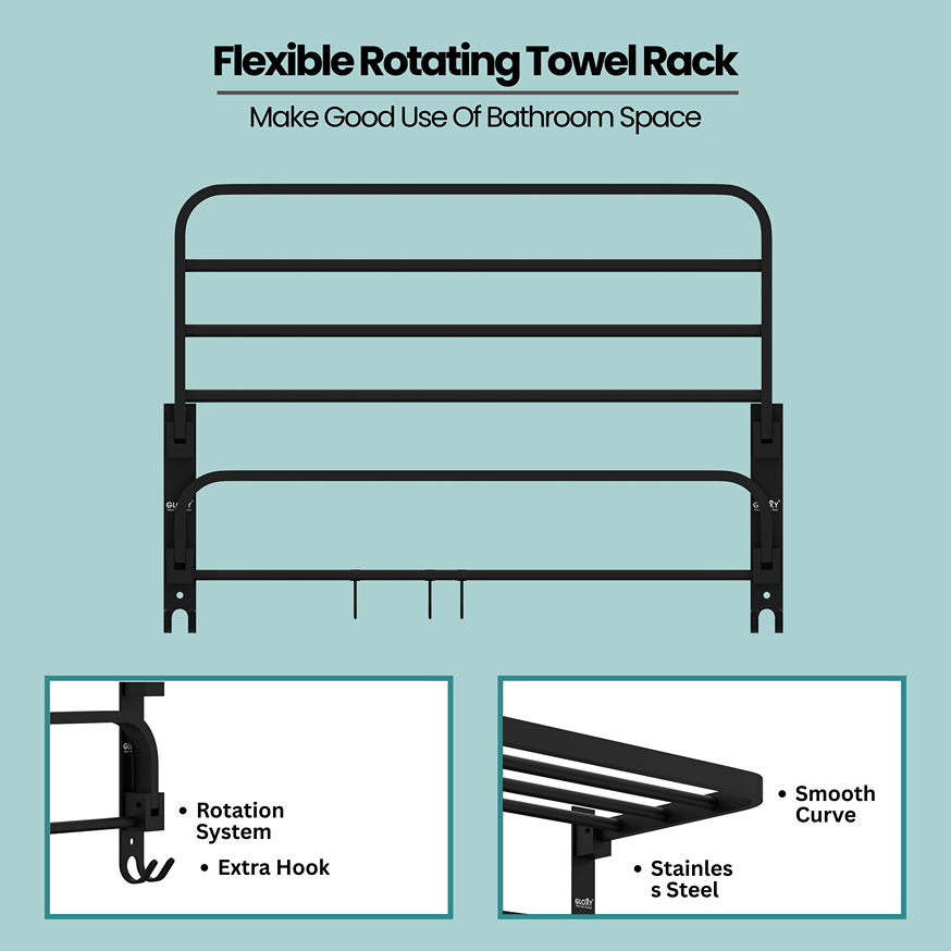 Gloxy Round Shape Stainless Steel Black Finsih Folding 2-Bar Towel Rack with Adjustable Hook-24 Inch