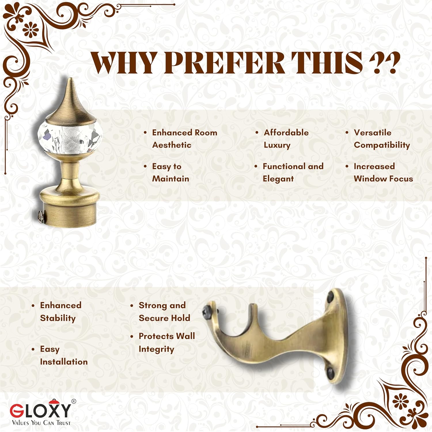 Single Diamond Aluminium Curtain Bracket with Talwar Support(Antique)-by GLOXY®