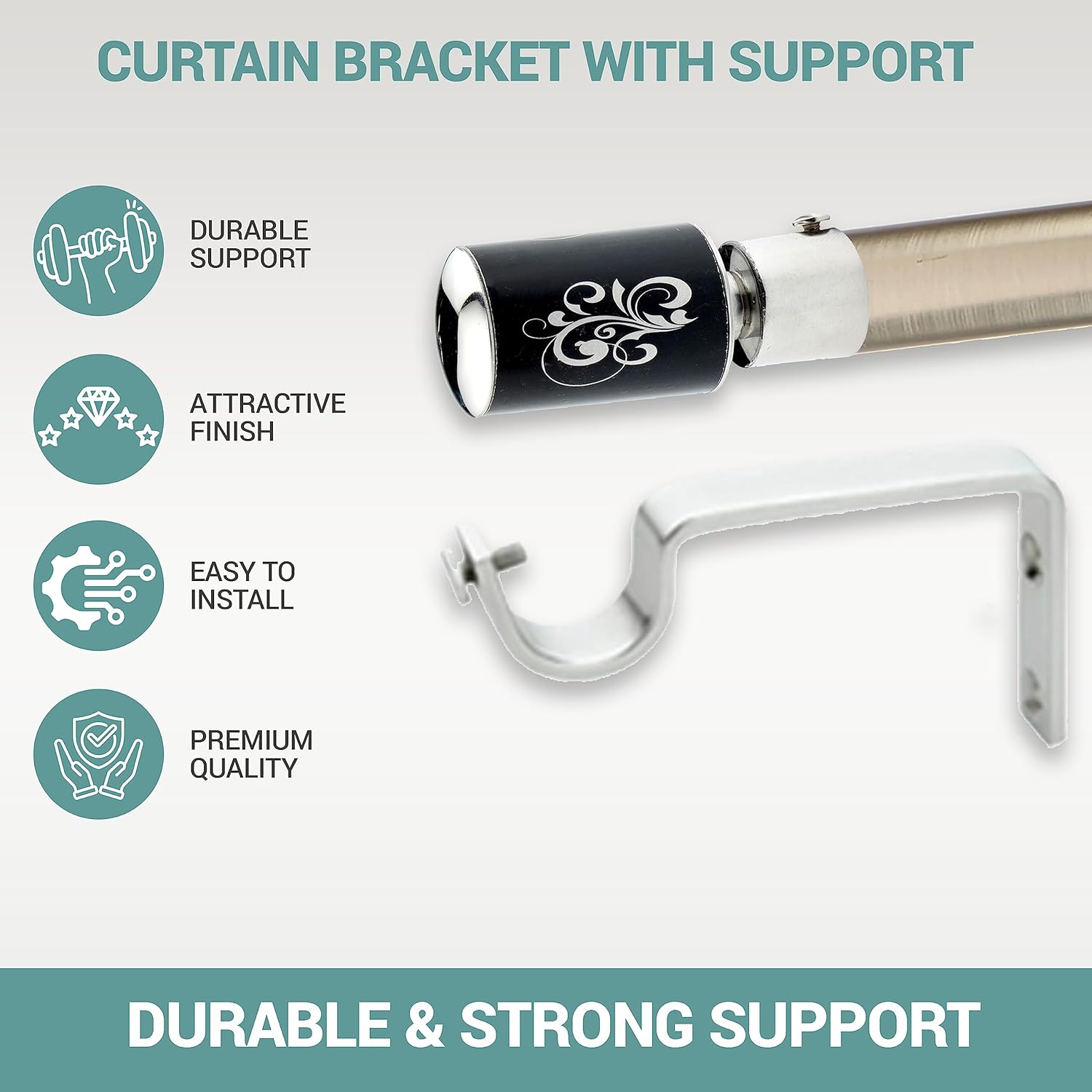 GLOXY ENTERPRISE Stainless Steel Floral Print Curtain Brackets Parda Holders with Support Fittings 1 Inch Rod Pocket Finials Designer Door and Window
