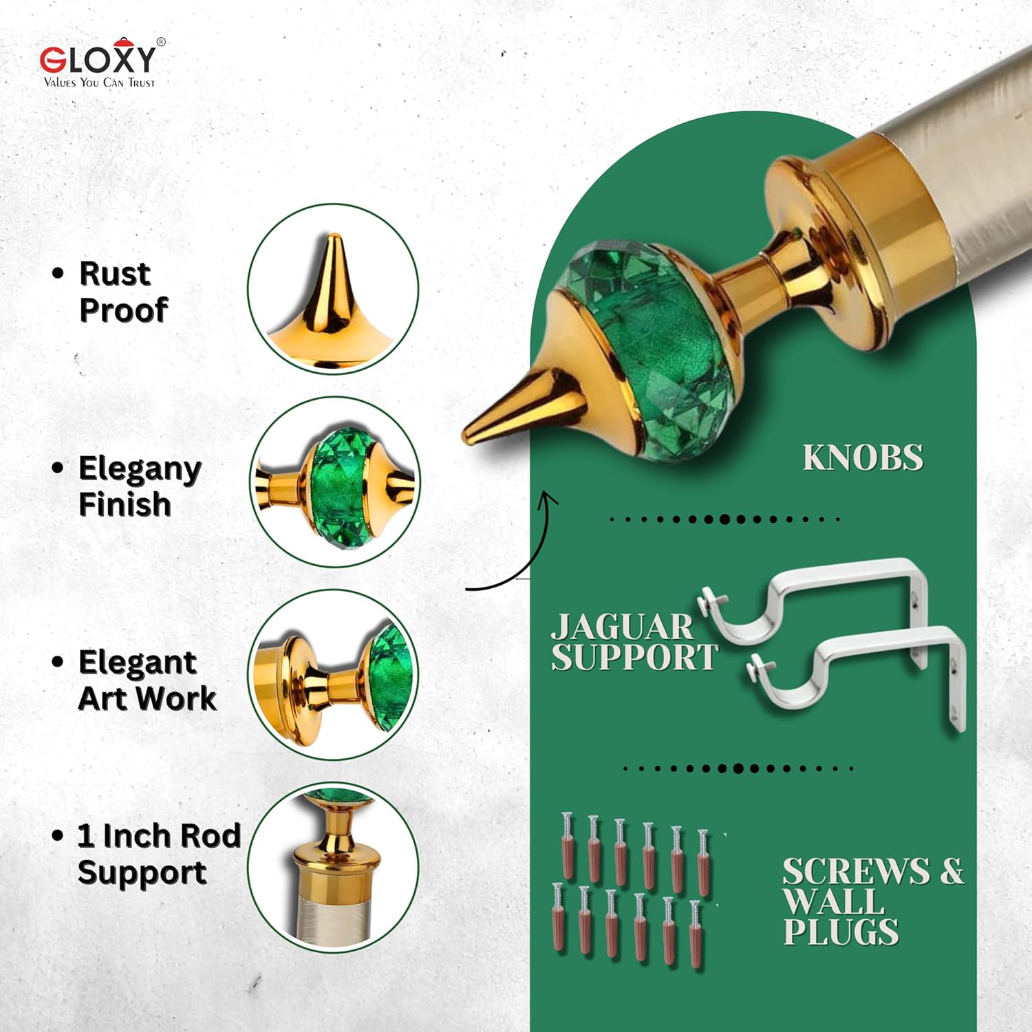 Single Diamond Aluminium Curtain Bracket with Support(Gold Mix Green)-by GLOXY®
