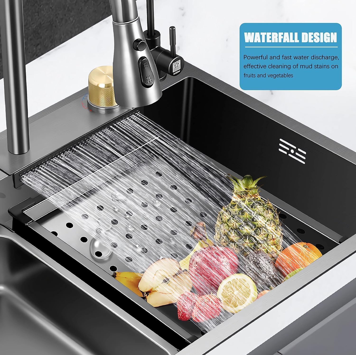 GLOXY Fully Equipped Kitchen Sink with Integrated Waterfall and Pull-Down / 202 Grade Stainless Steel Sink with LED Panel and Digital Display Under Counter Basin  (Black)