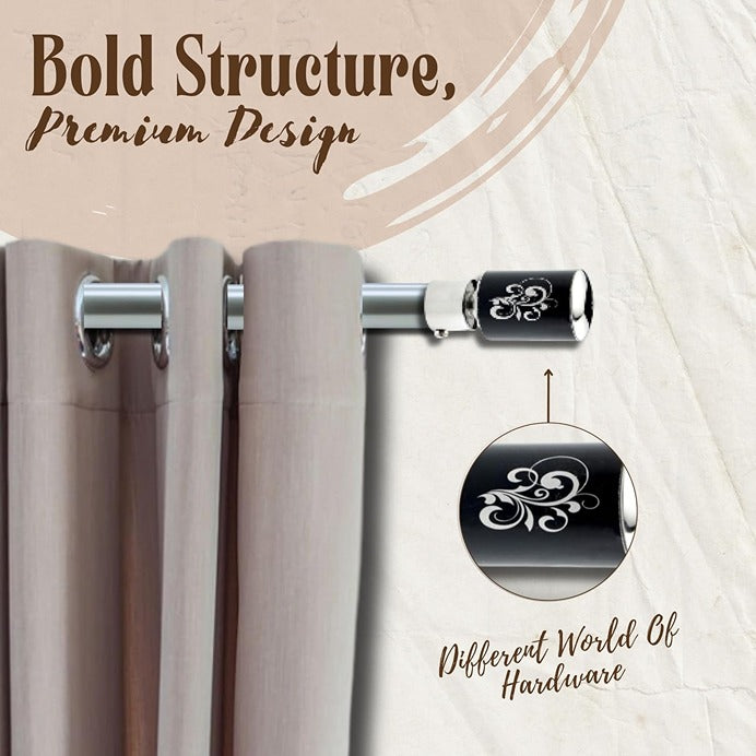 Gloxy Floral Print Stainless Steel Curtain Rod Finials with Support– Black