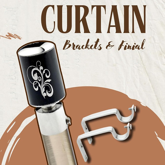 Gloxy Floral Print Stainless Steel Curtain Rod Finials with Support– Black