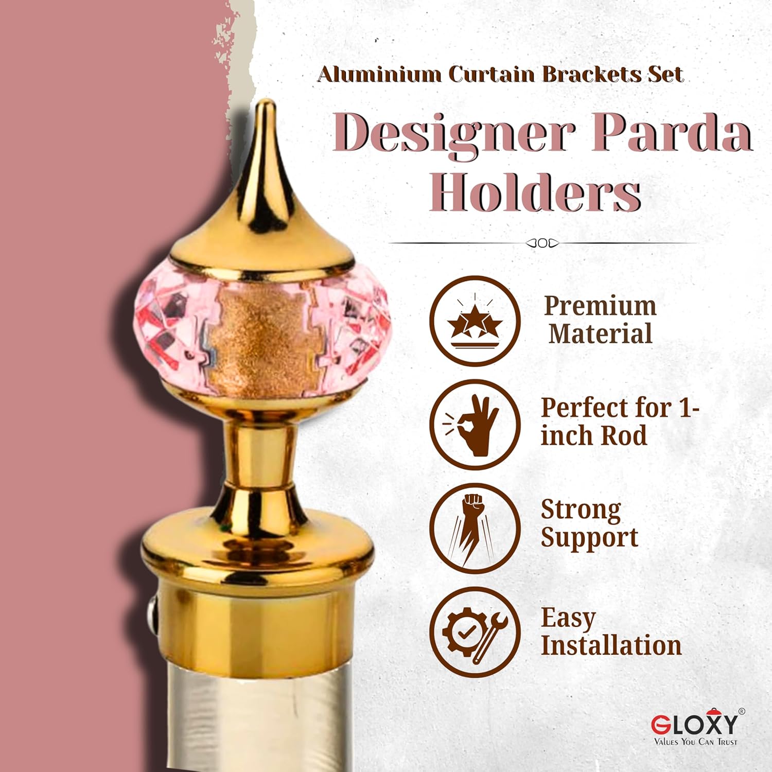 Single Diamond Aluminium Curtain Bracket with Support(Gold Mix Pink)-by GLOXY®