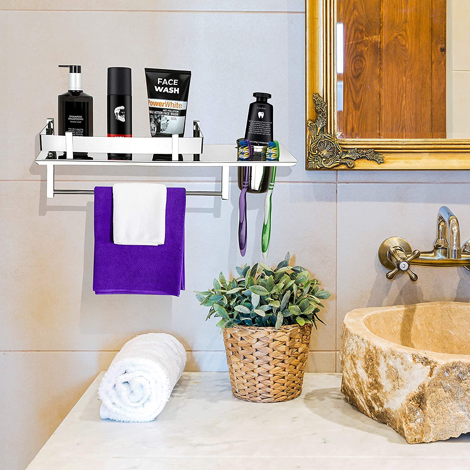 Stainless Steel 3 in 1 Bathroom Shelf with Towel rod / Tumbler Holder(15 x 6 Inches)-by GLOXY®