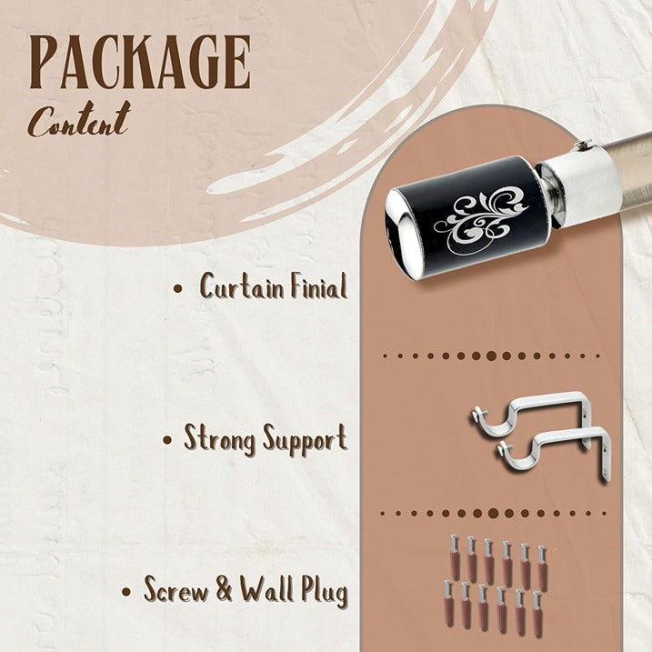 Gloxy Floral Print Stainless Steel Curtain Rod Finials with Support– Black