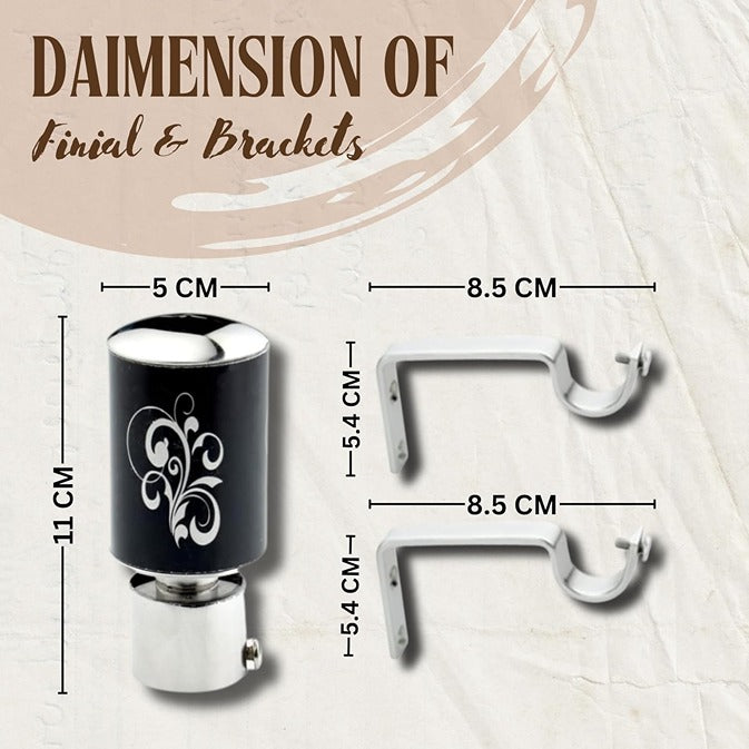 Gloxy Floral Print Stainless Steel Curtain Rod Finials with Support– Black