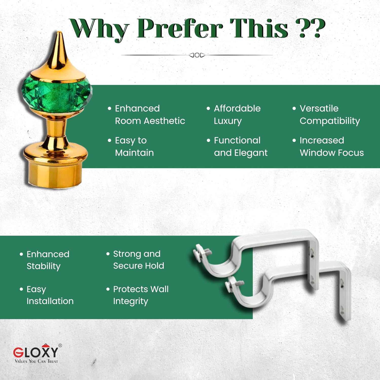 Single Diamond Aluminium Curtain Bracket with Support(Gold Mix Green)-by GLOXY®