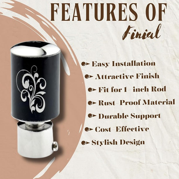 Gloxy Floral Print Stainless Steel Curtain Rod Finials with Support– Black