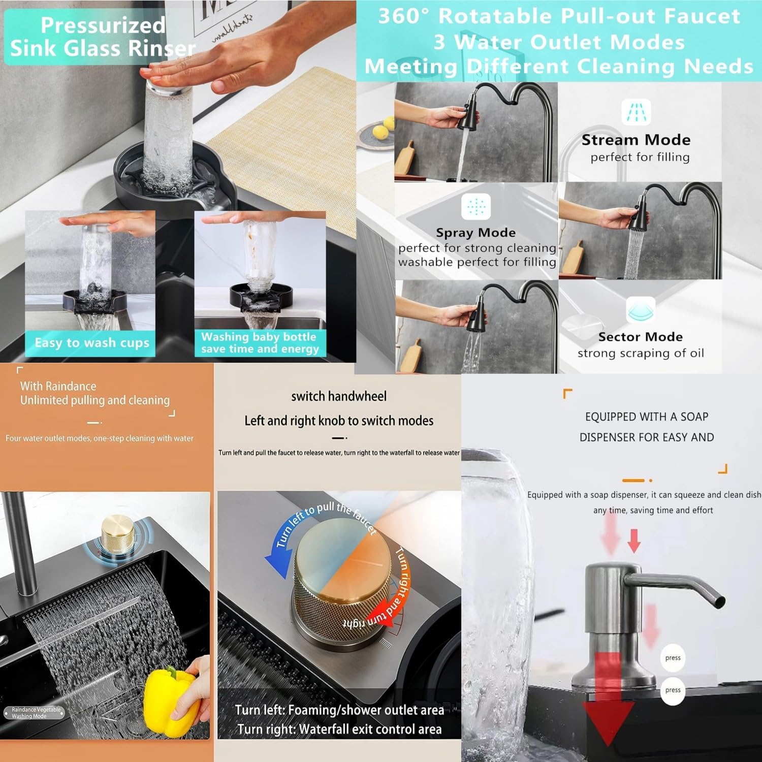GLOXY Fully Equipped Kitchen Sink with Integrated Waterfall and Pull-Down / 202 Grade Stainless Steel Sink with LED Panel and Digital Display Under Counter Basin  (Black)