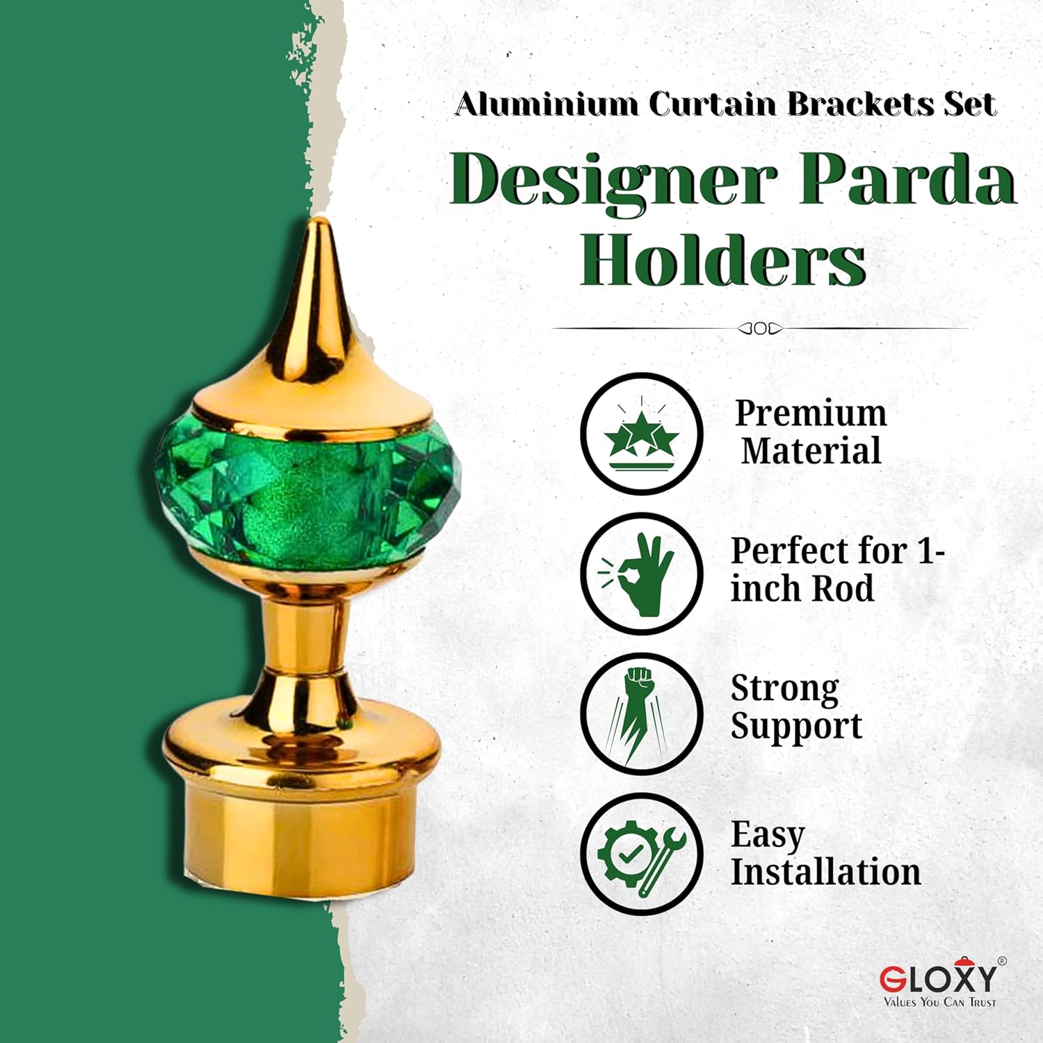 Single Diamond Aluminium Curtain Bracket with Support(Gold Mix Green)-by GLOXY®