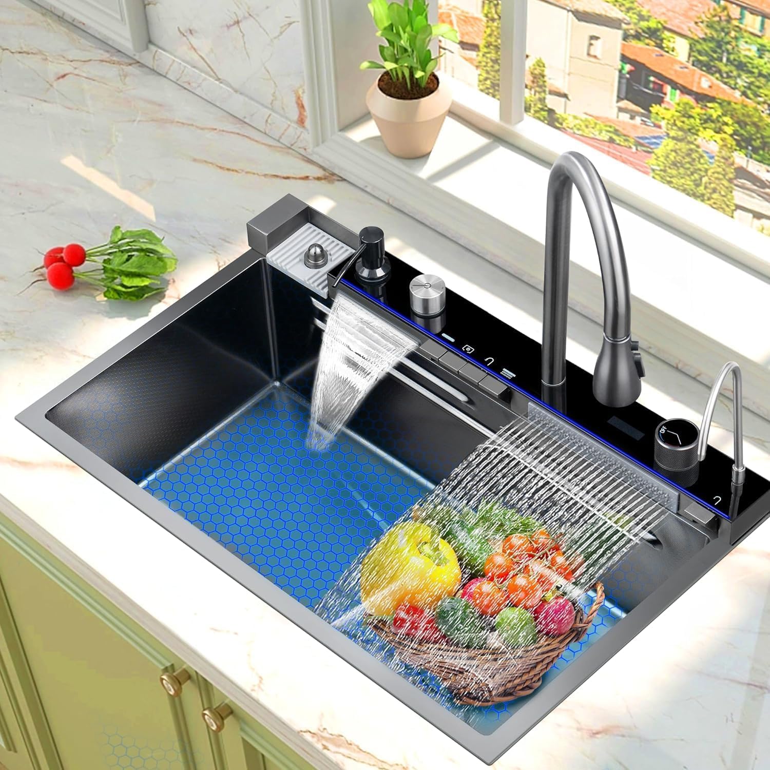 Gloxy Nano Smart Dual Waterfall Kitchen Sink/304 Grade Stainless Steel Sink with Digital Display LED Panel, Integrated Waterfalls & Pull Down Faucet Multifunctional Sink | Black Color (30x18 Inches)