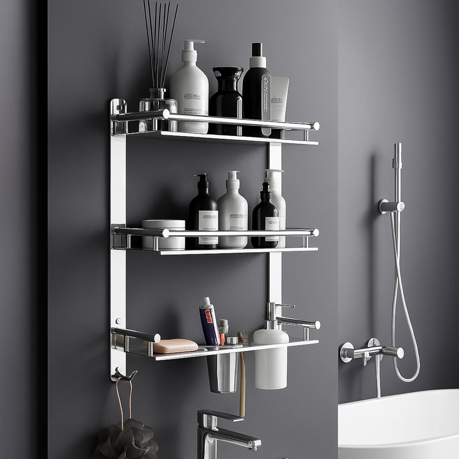 Gloxy Stainless Steel 3-Layer Black Finish Bathroom Shelf With Soap Dish,Liquid Dispenser,Tumbler Holder & Hooks