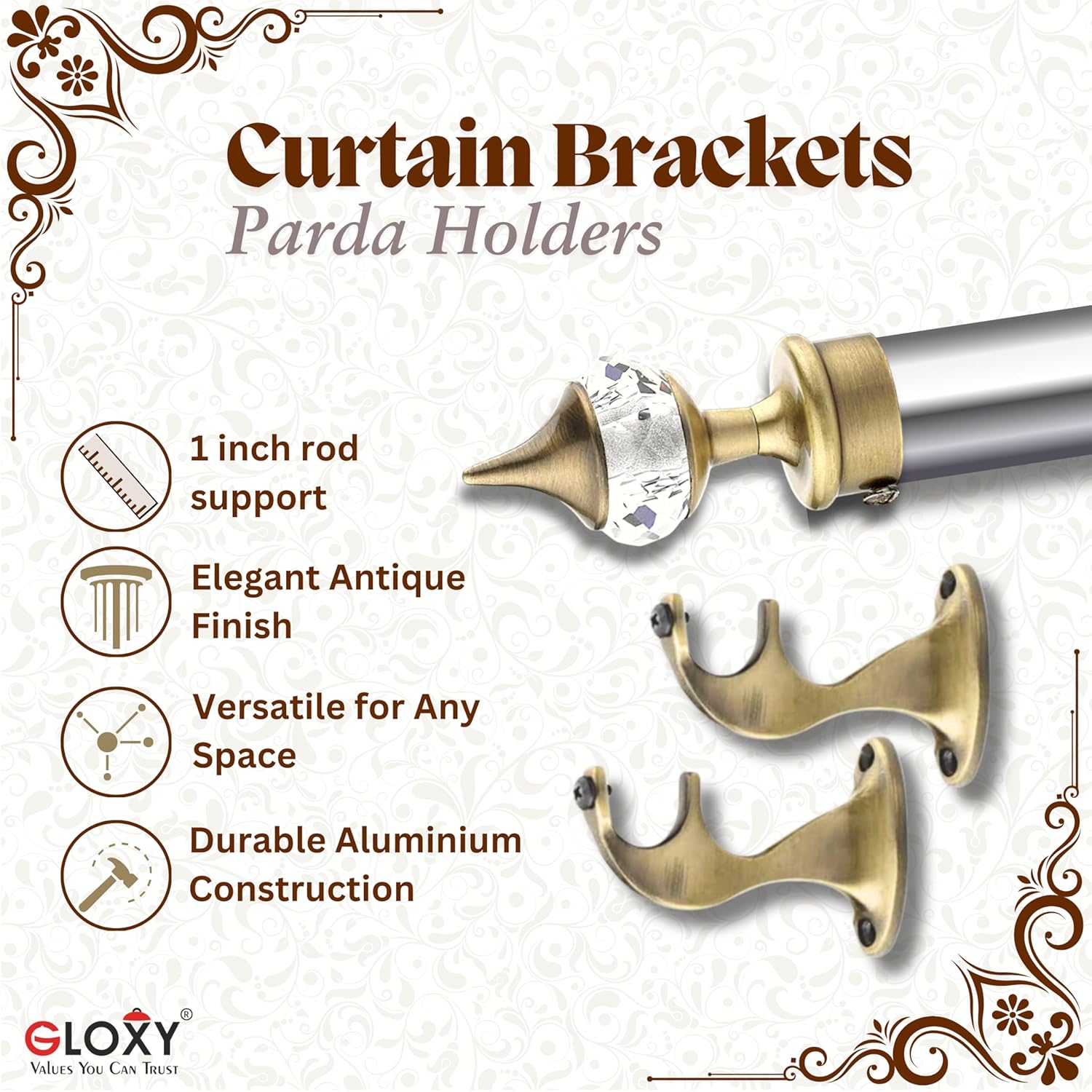 Single Diamond Aluminium Curtain Bracket with Talwar Support(Antique)-by GLOXY®