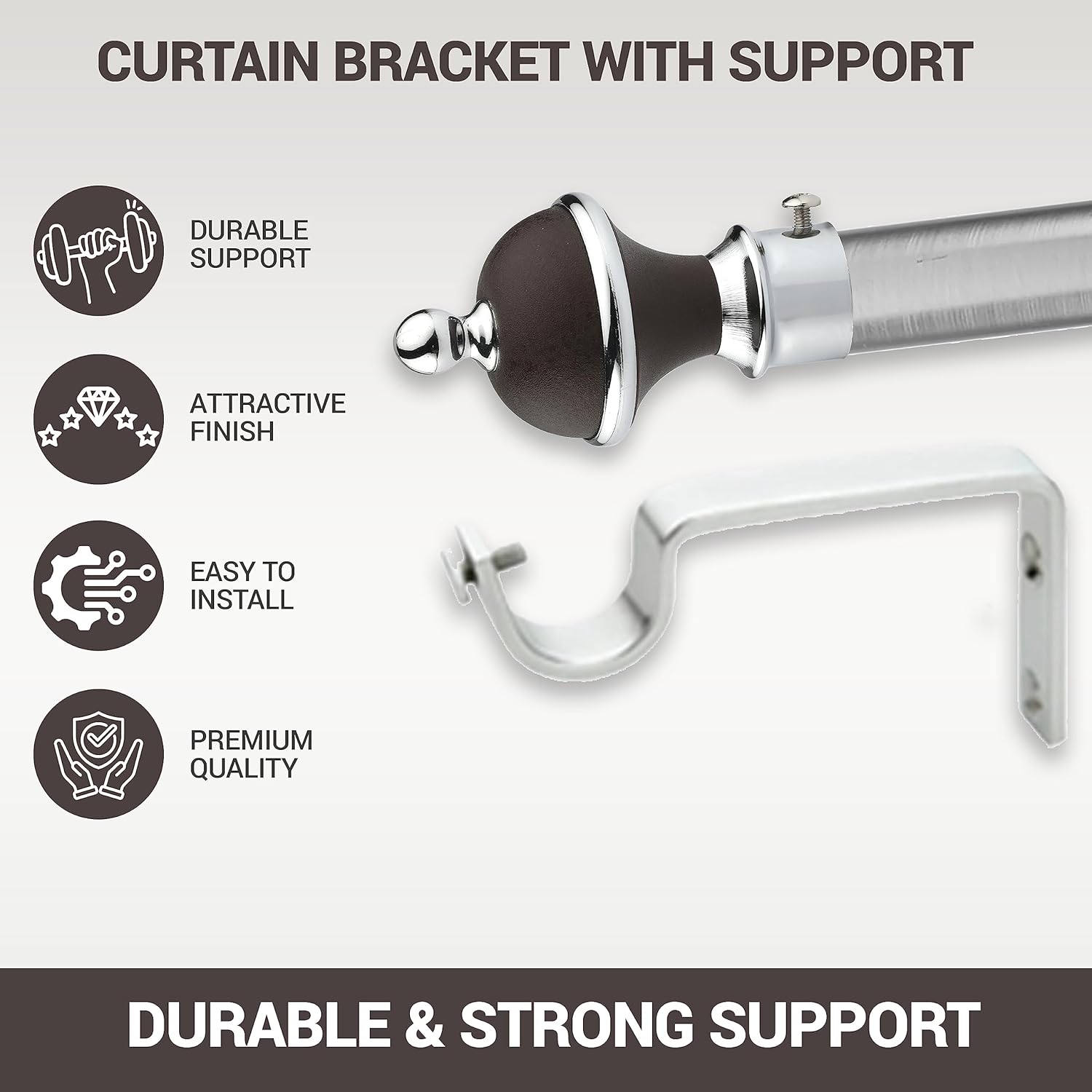 GLOXY Manjira Shape Stainless Steel & ABS Curtain Bracket Parda Holder with Support 1 Inch Rod Pocket Finials Designer Door and Window Rod Support Fittings, Curtain Rod Holder