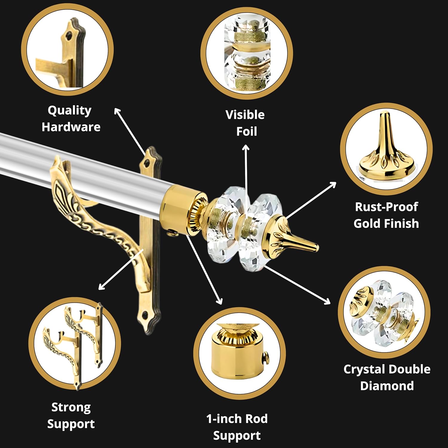 Double Diamond Aluminium Curtain Bracket with Support(Gold)-by GLOXY®
