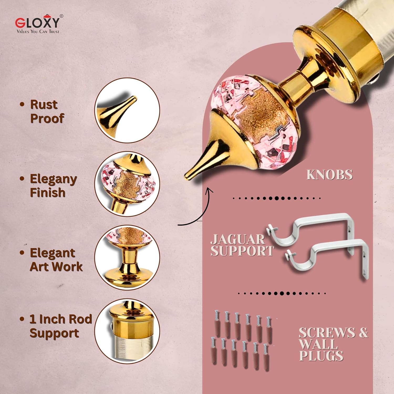 Single Diamond Aluminium Curtain Bracket with Support(Gold Mix Pink)-by GLOXY®