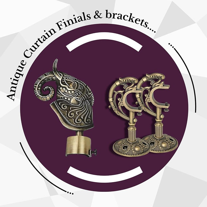 Gloxy Rajwada Royal Aluminium Curtain Rod Finials with Support– Antique