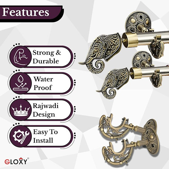 Gloxy Rajwada Royal Aluminium Curtain Rod Finials with Support– Antique