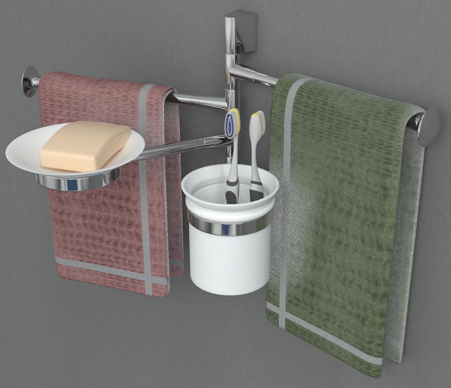 Gloxy Wall Mount Stainless Steel Chrome Finsih Adjustable Napkin Holder Arm With Tumbler Holder And Soap Dish