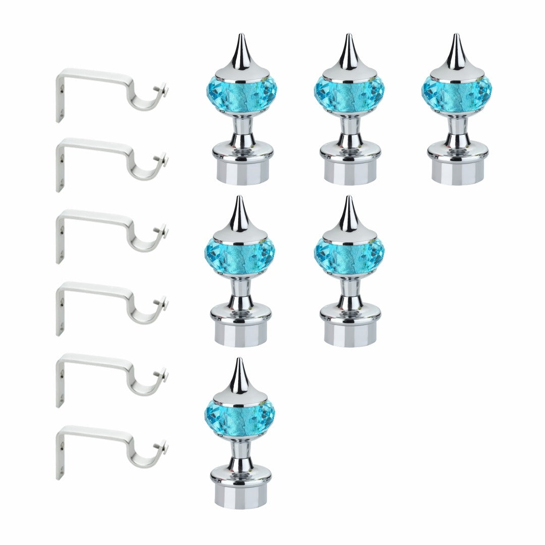 Gloxy Single Diamond Aluminium Curtain Rod Finials with Support– Silver Mix Sky Blue Pair of 3