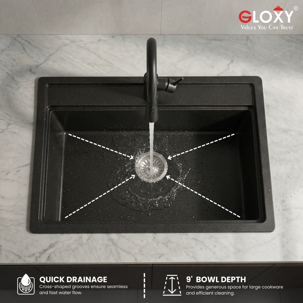 Gloxy Premium Granite Quartz Kitchen Sink 16" x 18" x 9" - Black Matte Finish