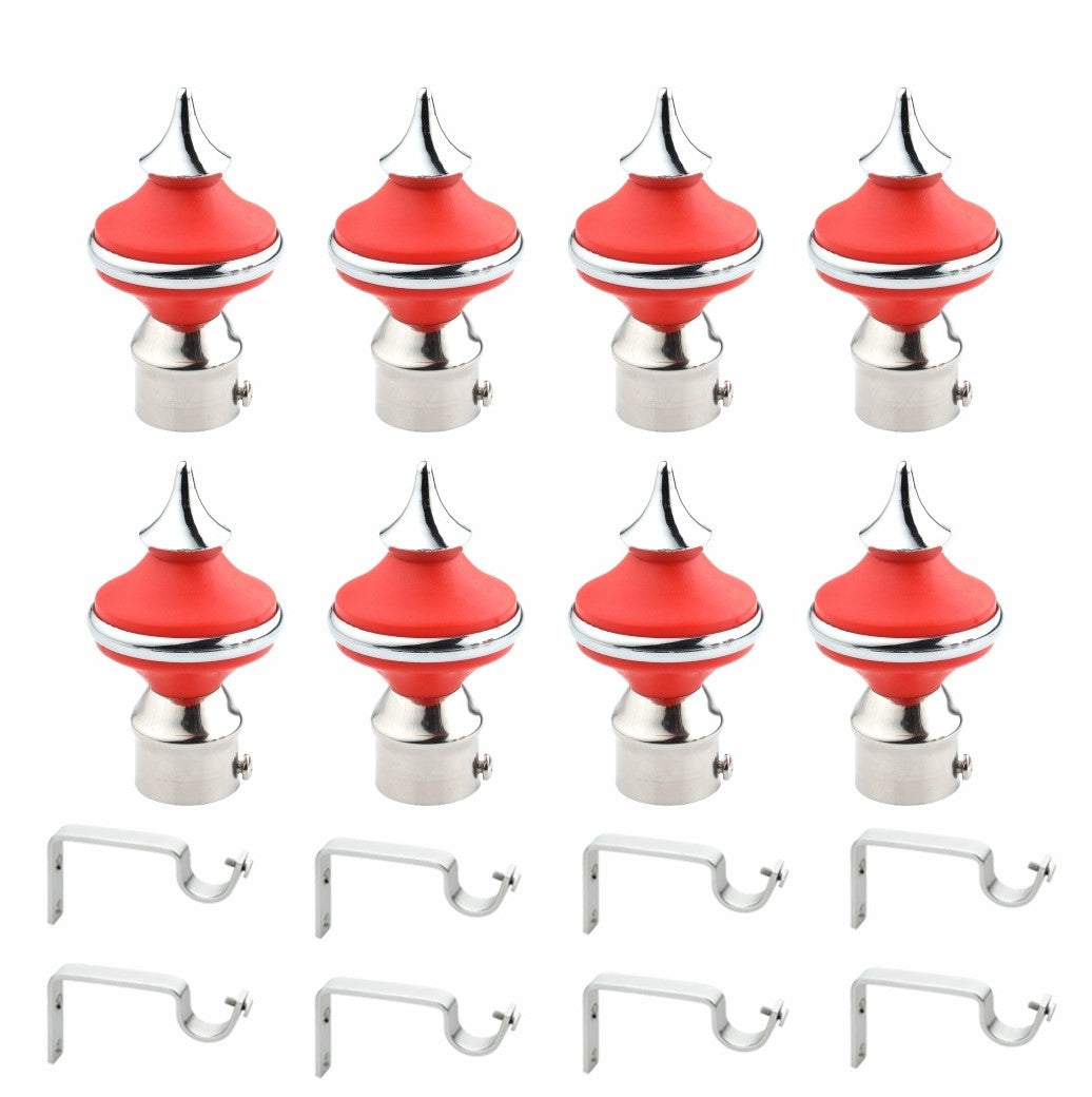 Gloxy Matka Shape Stainless Steel & ABS Curtain Rod Finials with Support– Red 4 Pair
