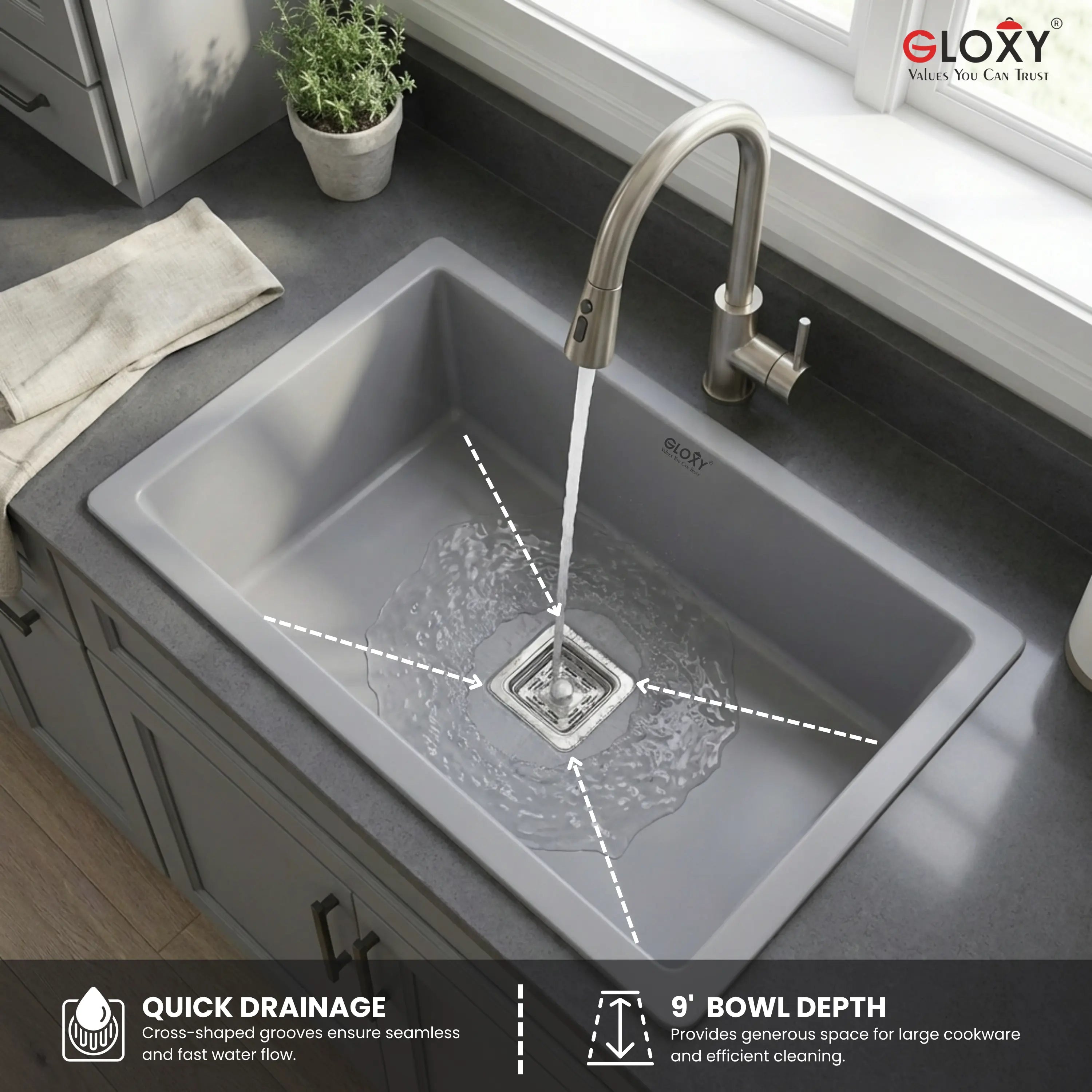 GLOXY Handmade Stainless Steel Single Bowl Kitchen Sink 18 x 24 Inch– Grey