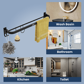 Gloxy Round Shape Stainless Steel Black Finish Folding Towel Rod with Adjustable Hooks – 24 Inch