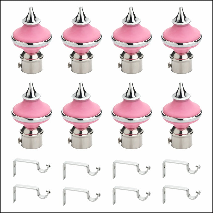 Gloxy Matka Shape Stainless Steel & ABS Curtain Rod Finials with Support– Pink 4 Pair