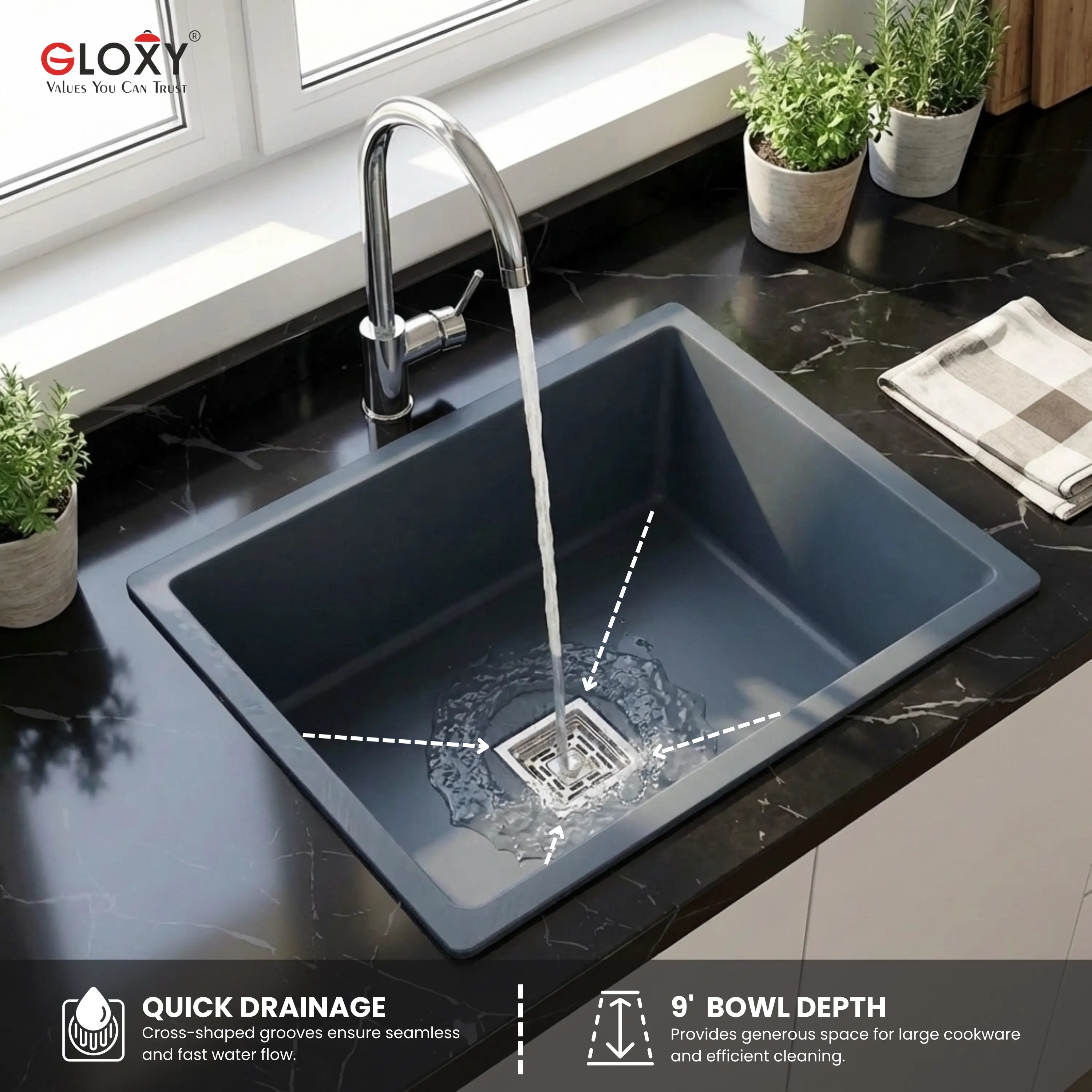 Gloxy Stainless Steel Handmade Single Bowl Kitchen Sink 16x18 Inch-Gray