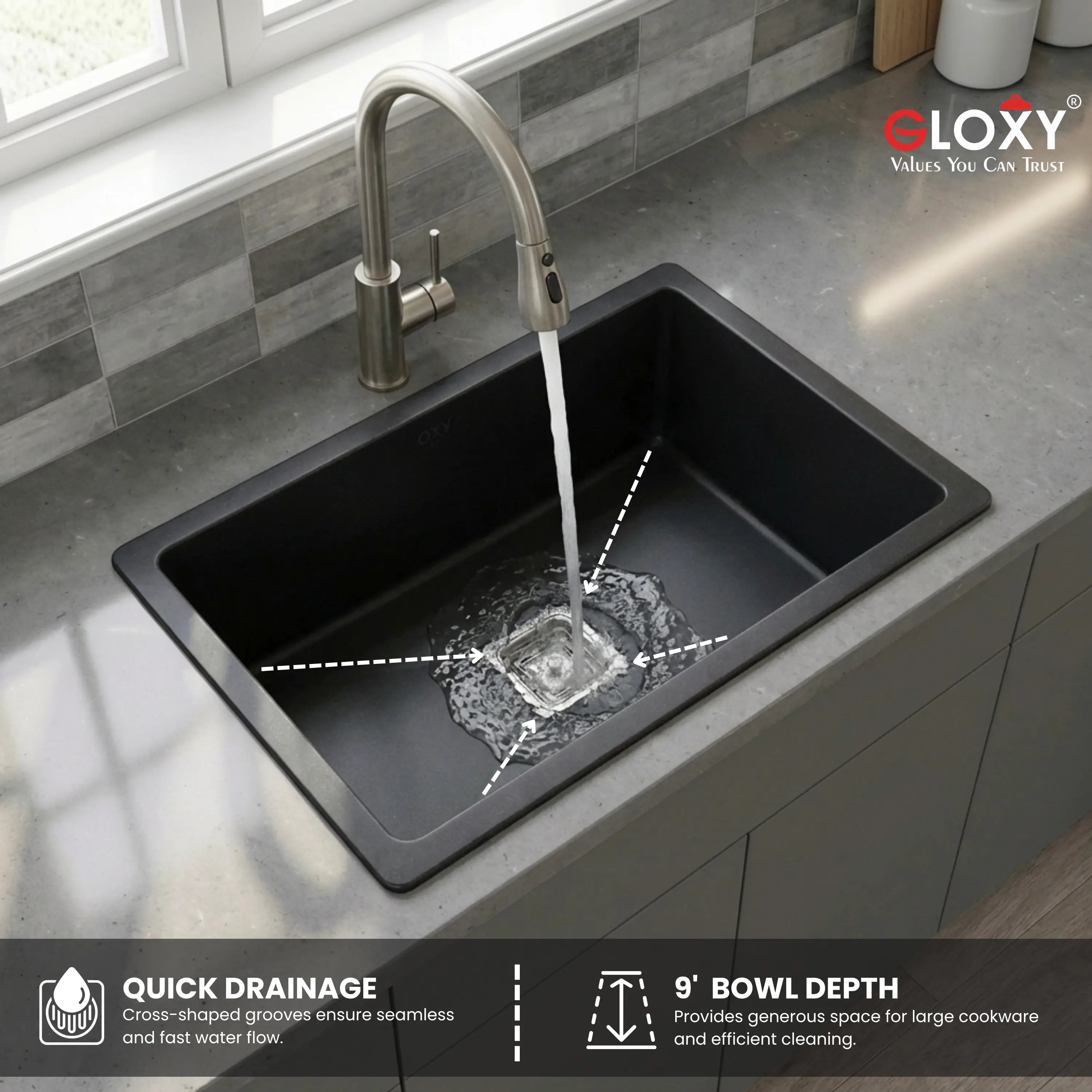 Gloxy Stainless Steel 304 Grade Single Bowl Quartz Kitchen Sink 21x18 Inch- Black