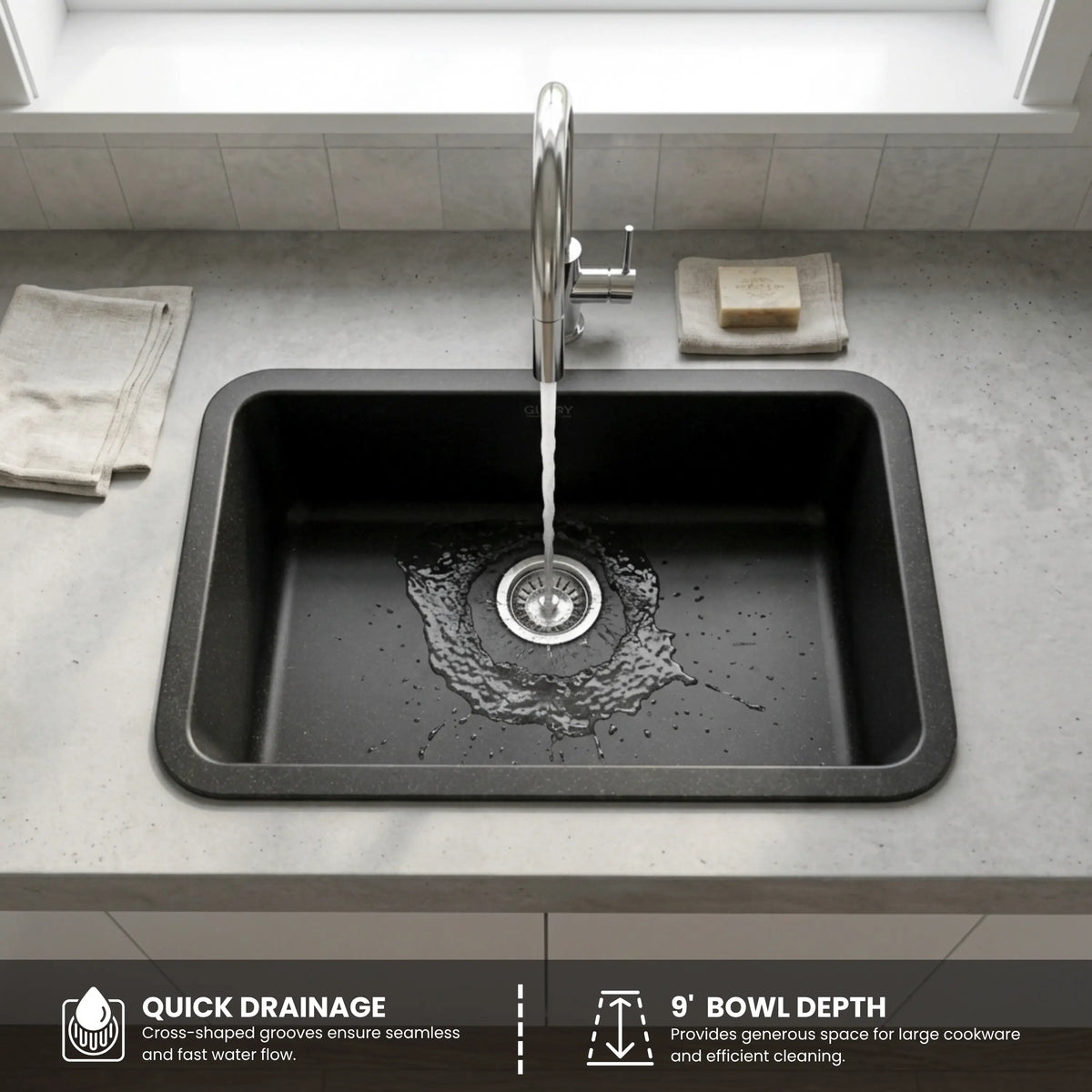 GLOXY Premium Quartz Granite Single Bowl Kitchen Sink 31x19x9 Inches - Matte Black Finish