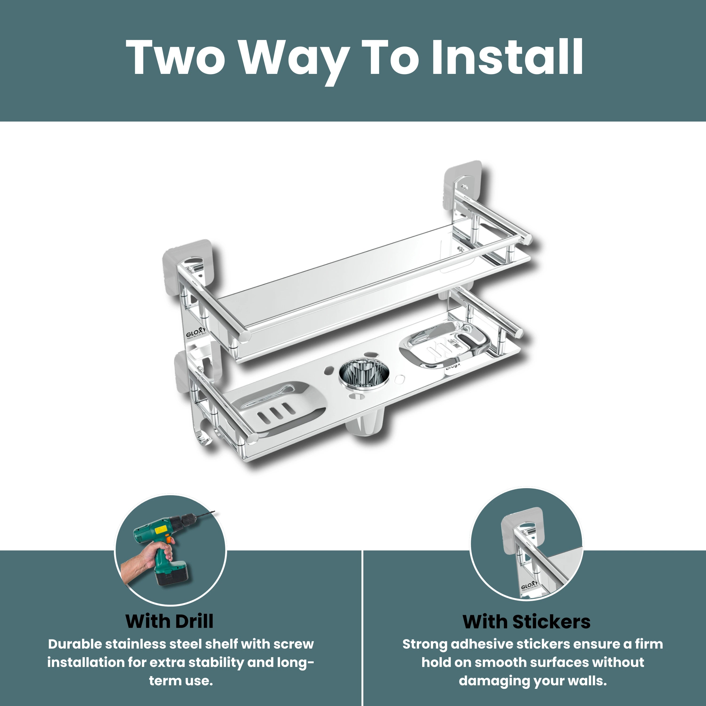 Gloxy Stainless Steel 2-Layer Chrome Finish Bathroom Shelf with Soap Dish, Tumbler Holder, Hooks-Adhesive Sticker Installation