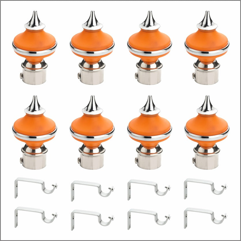 Gloxy Matka Shape Stainless Steel & ABS Curtain Rod Finials with Support– Orange 4 Pair