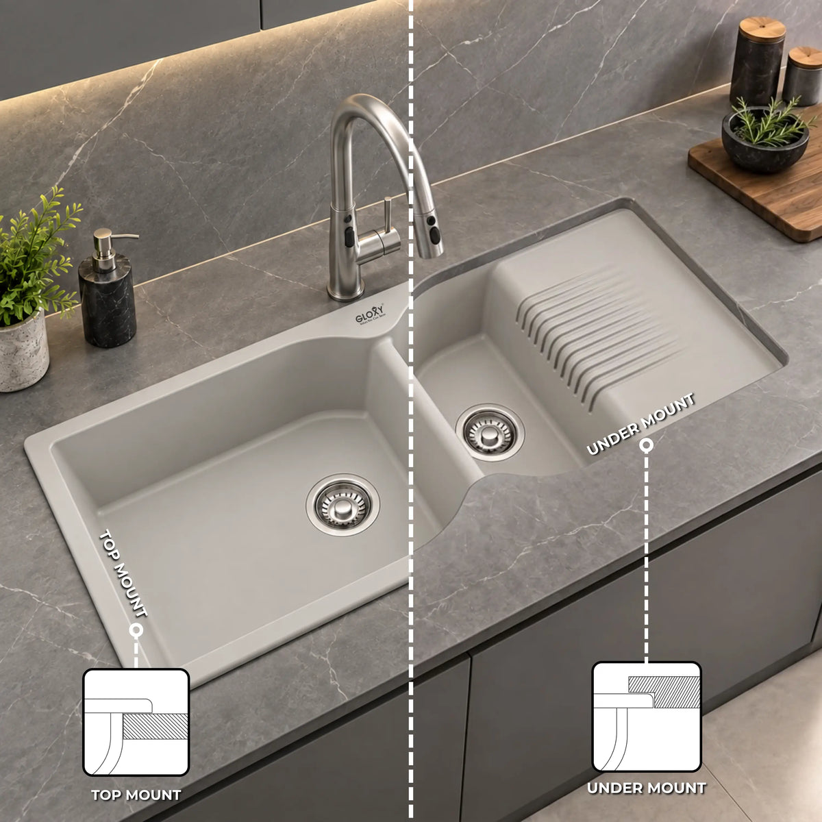 GLOXY Quartz Granite Double Bowl Kitchen Sink with Drain Board | 45 × 20 × 9 Inches (Grey Matte)