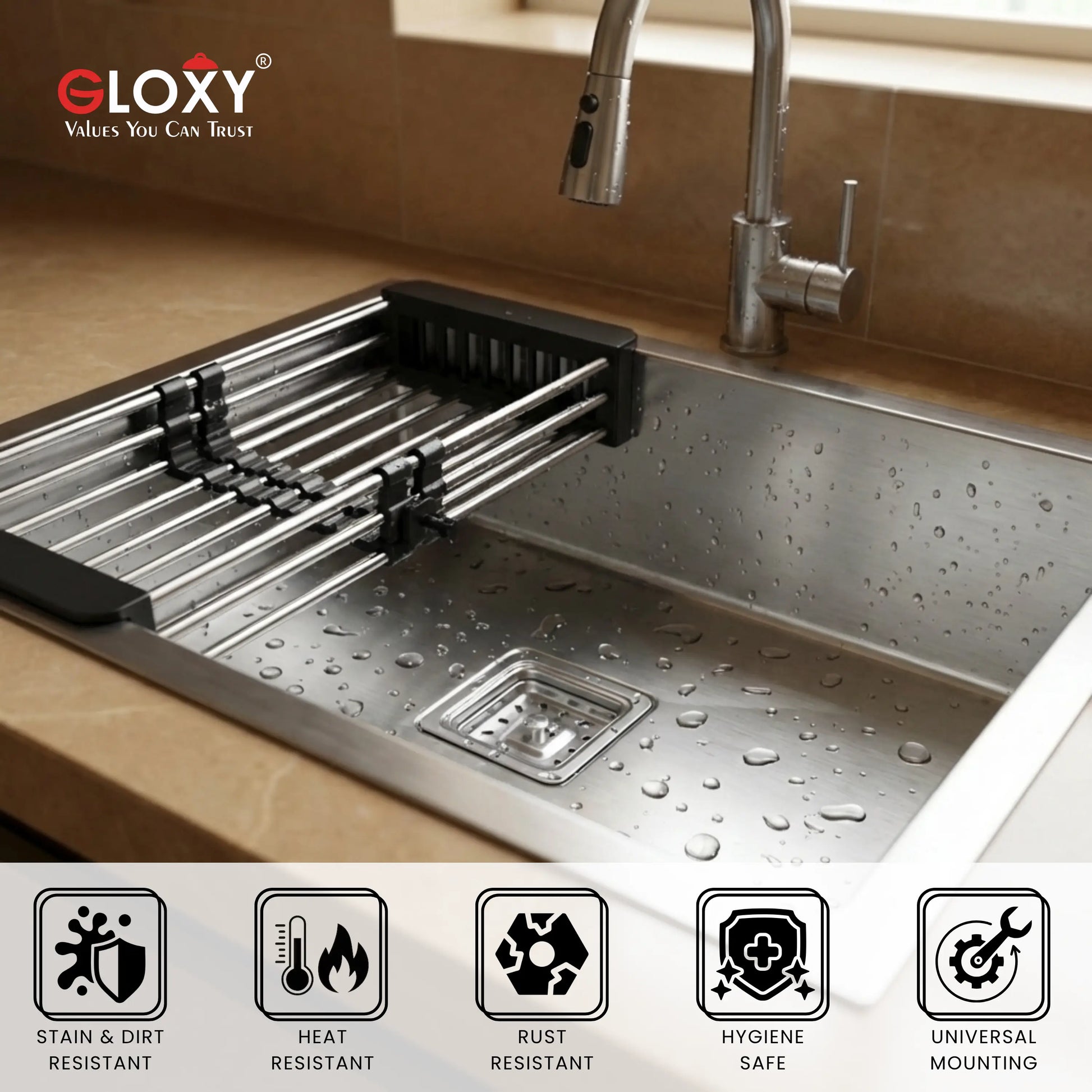 Gloxy Single Bowl 304 Stainless Steel Sink For Kitchen 24x18x10 Inch- Silver
