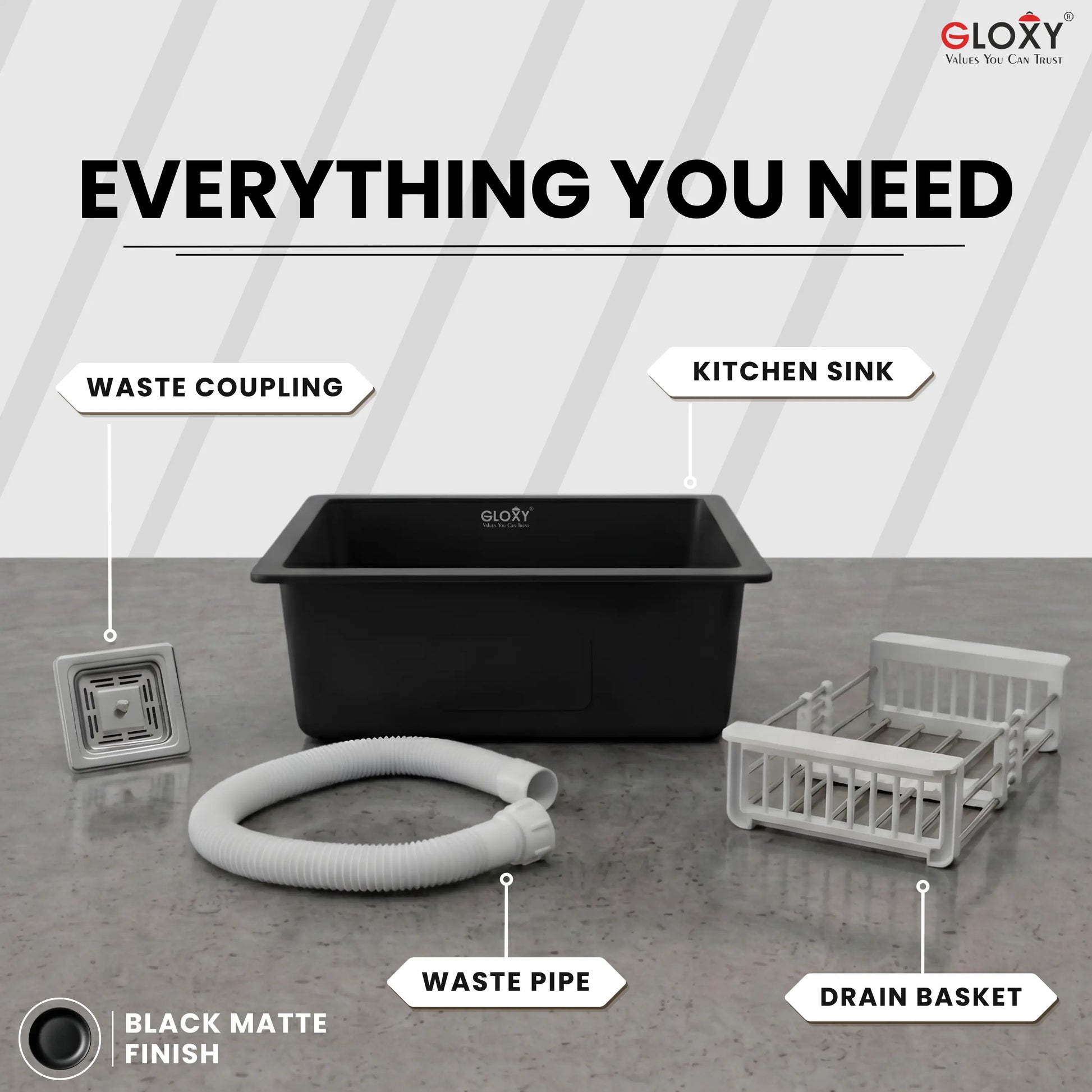 Gloxy Stainless Steel Handmade Single Bowl Quartz Sink For Kitchen 16x18 Inch-Black